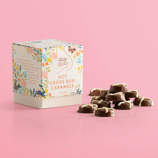 Hot Cross Bun Caramels by Fudge Kitchen, featuring soft, handcrafted caramels infused with the spiced flavours of traditional hot cross buns. A delightful Easter treat or gift.